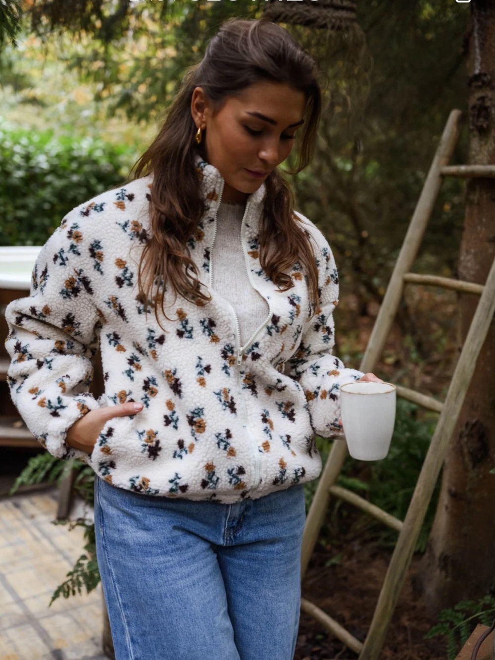 Easy Clothes Cozy Floral Sherpa Quarter-Zip Jacket - Ivory - Sold out